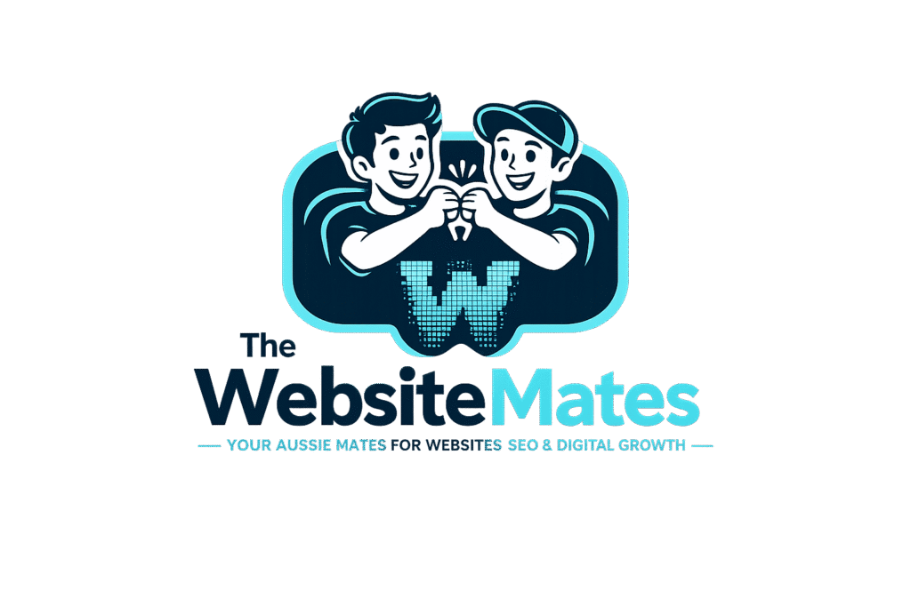 The Website Mates logo featuring two friendly Aussie mates fist-bumping above a pixel-style W icon in turquoise blue, representing website design, SEO, and digital growth.